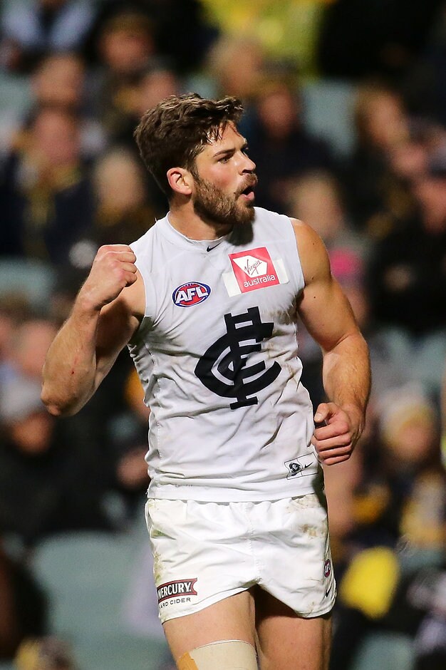 AFL 2017 Round 21 - West Coast v Carlton PERTH, AUSTRALIA - AUGUST 12: Levi Casboult of the Blues celebrates after scoring a goal during the 2017 AFL round 21 match between the West Coast Eagles and the Carlton Blues at Domain Stadium on August 12, 2017 in Perth, Australia. (Photo by Will Russell/AFL Media)